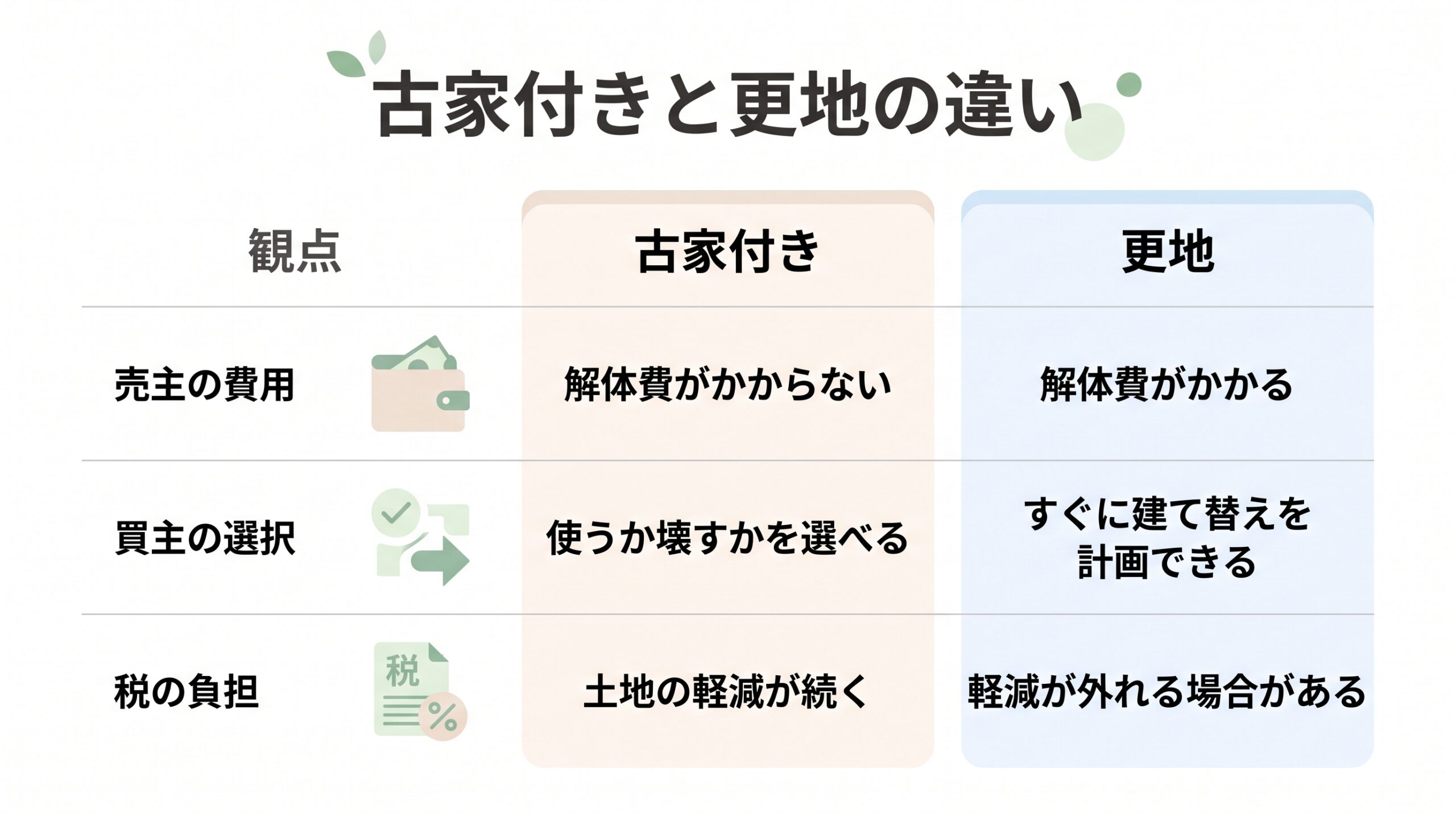 古家付きで売る場合と、更地にして売る場合を、売主の費用、買主の選択、税の負担の三つの観点で比べた表